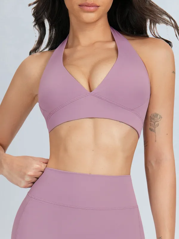 Light Purple Halter V Neck Sports Bra sold by BERLOOK