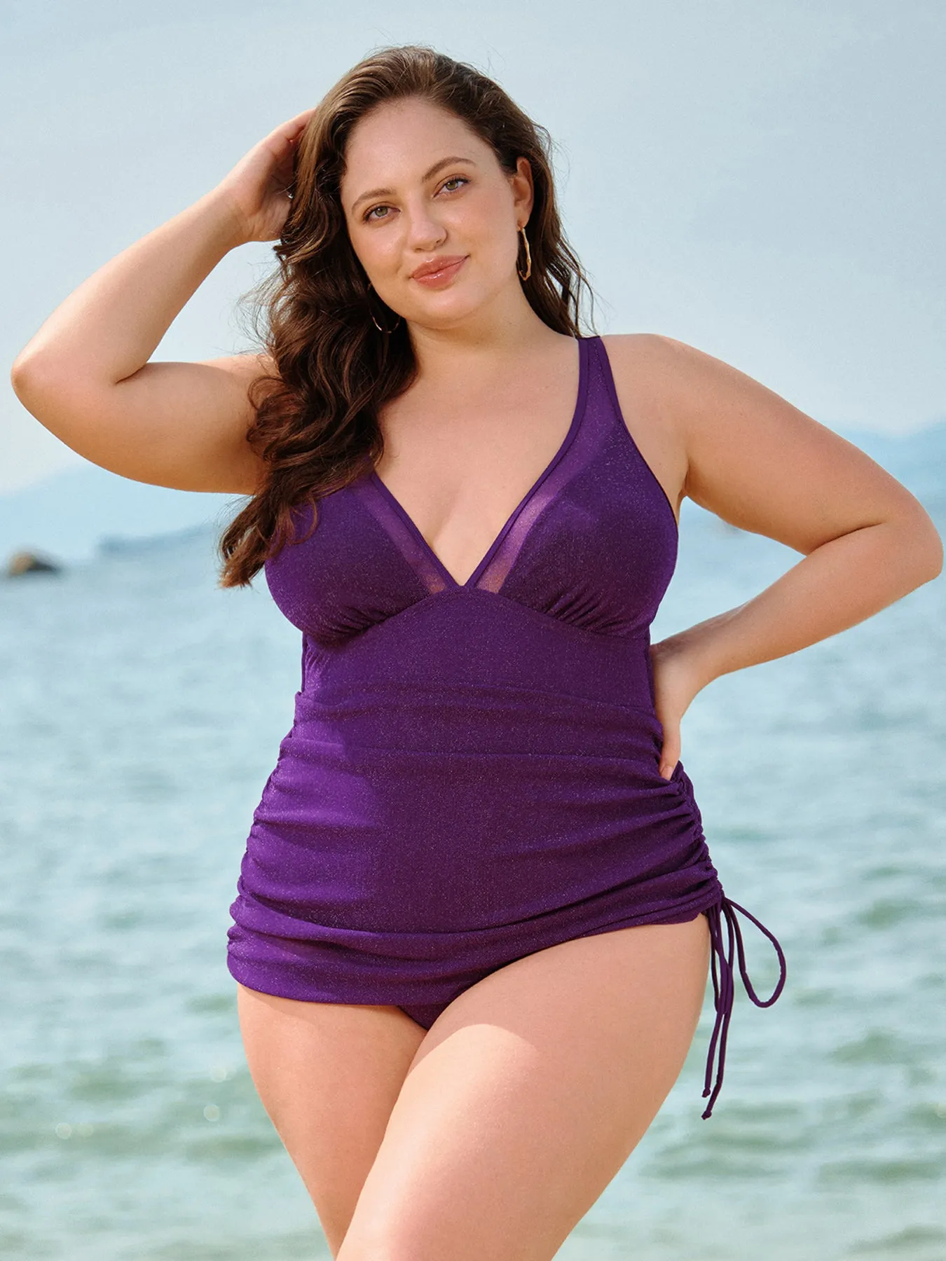 Purple Ruched Drawstring Plus Size One-Piece Swimsuit sold by BERLOOK product image thumbnail 4