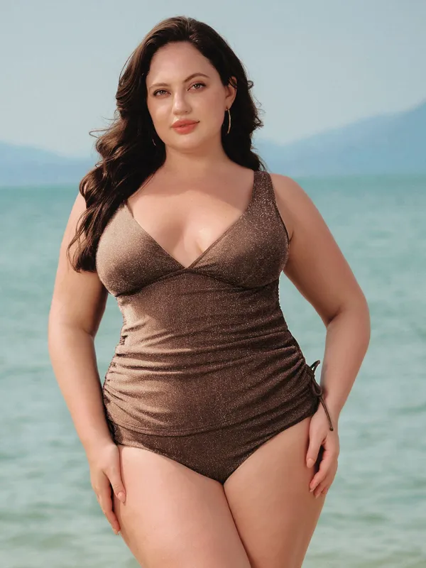 Ruched Drawstring Plus Size Tankini Top sold by BERLOOK