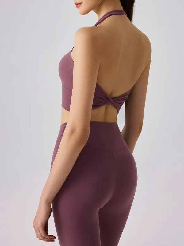 Purple Halter Twist Back Sports Bra sold by BERLOOK