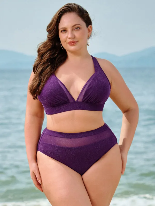 Purple Mesh Plunge Plus Size Bikini Top sold by BERLOOK