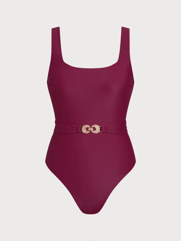 ECONYL® Wine Red Buckle Backless One Piece Swimwear sold by BERLOOK