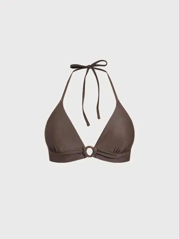 ECONYL® Dark Coffee O-Ring Halter Bikini Top sold by BERLOOK