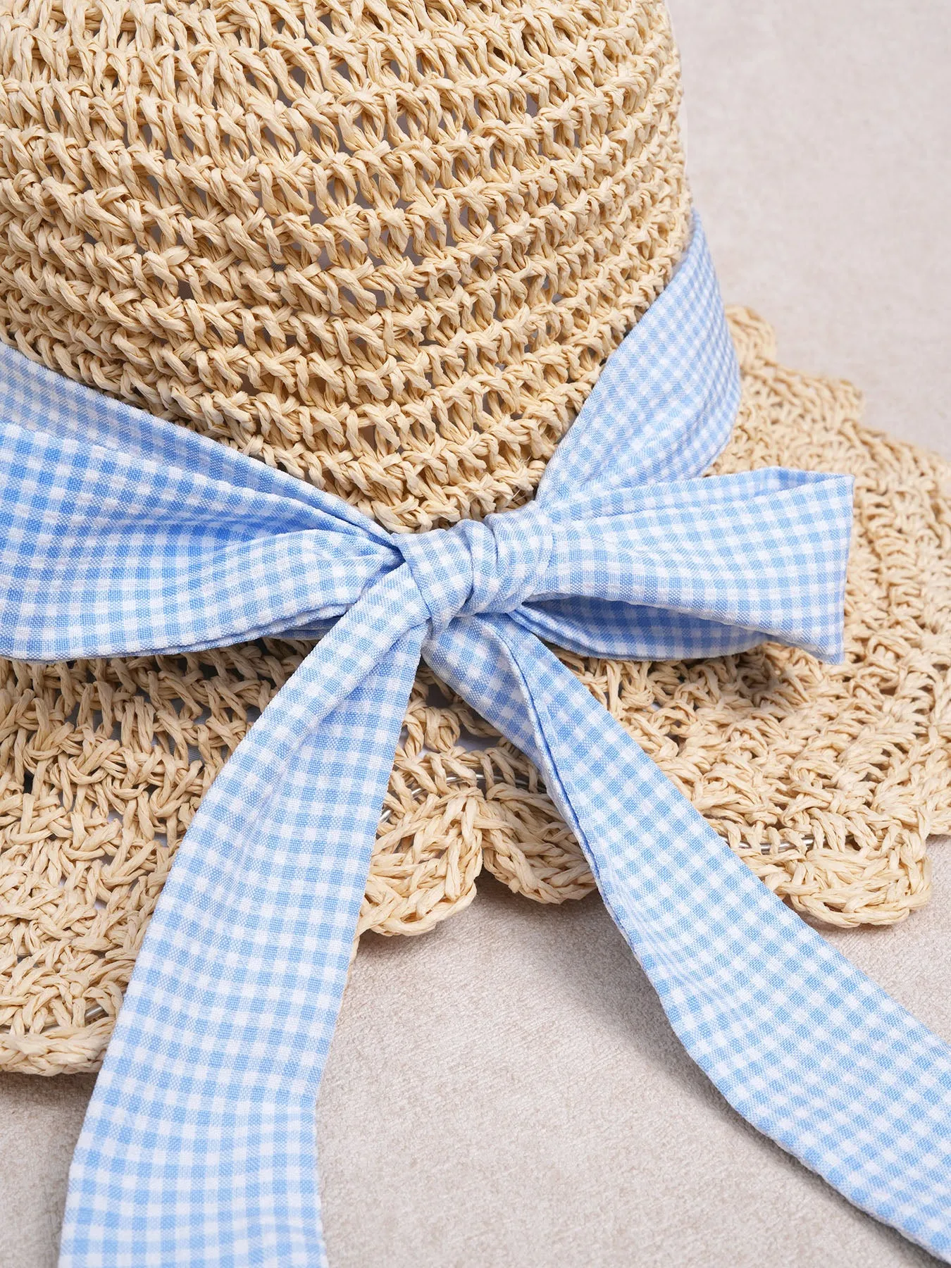 Blue Gingham Bow Straw Bucket Hat sold by BERLOOK product image thumbnail 3