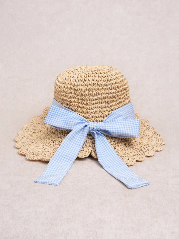 Blue Gingham Bow Straw Bucket Hat sold by BERLOOK