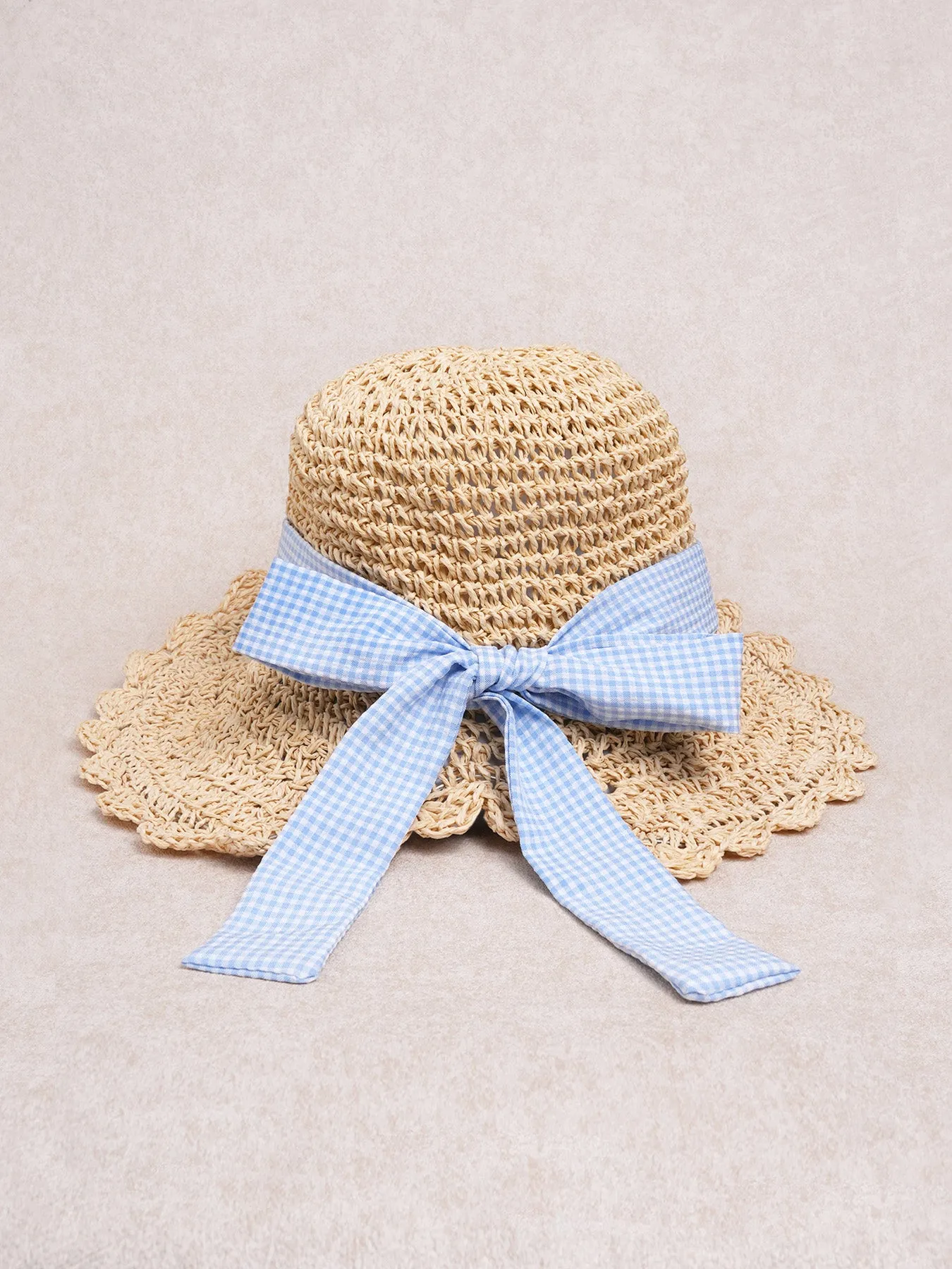 Blue Gingham Bow Straw Bucket Hat sold by BERLOOK