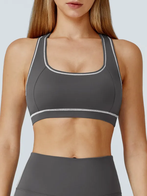 Gray Contrast-Trim Racerback Sports Bra sold by BERLOOK