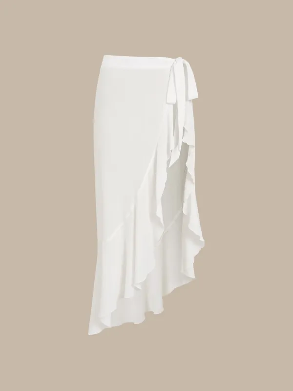 White Asymmetrical Ruffle Cover-Up Skirt sold by BERLOOK