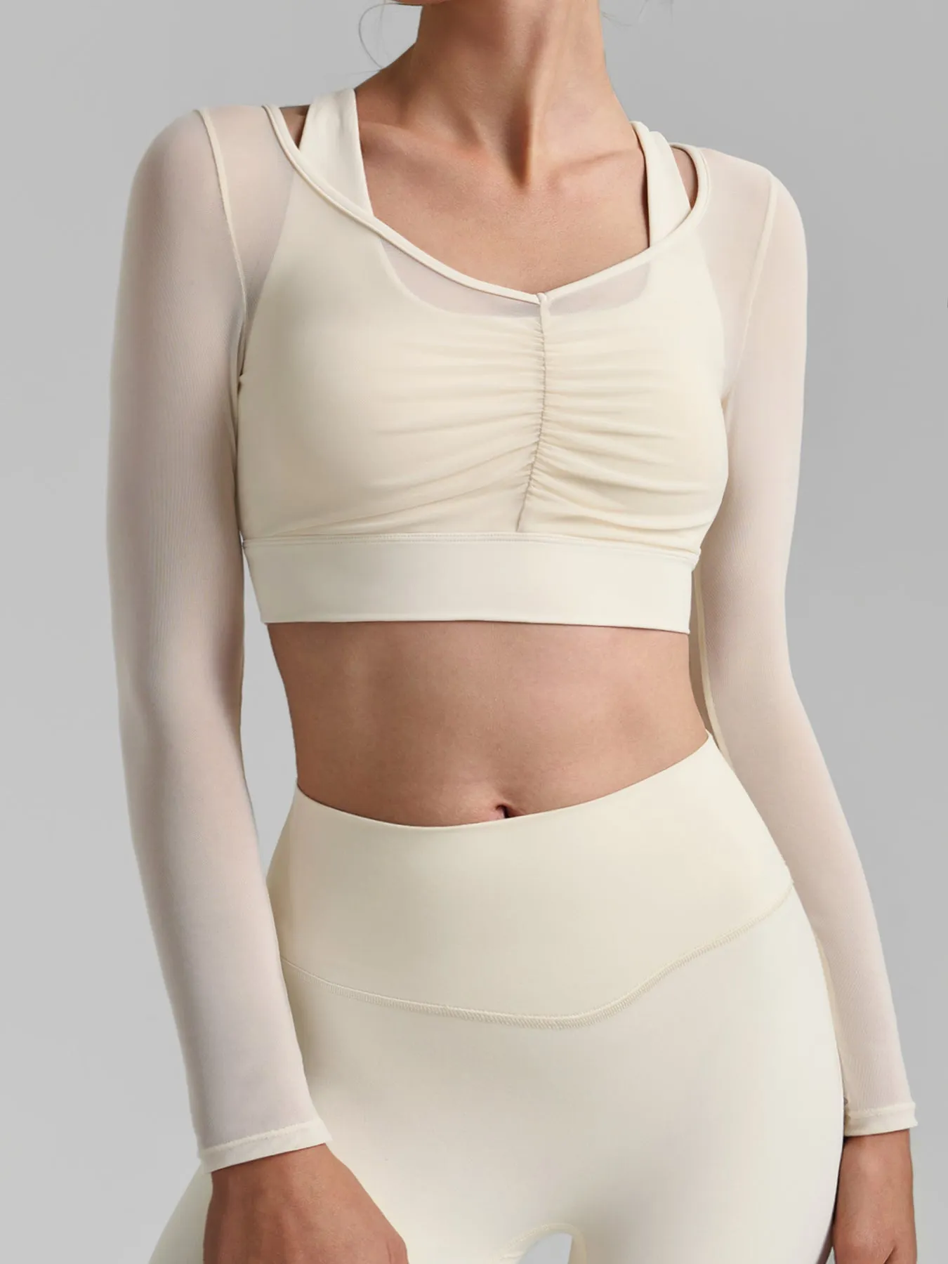 Cream Mesh Ruched Crop Long Sleeve Top sold by BERLOOK