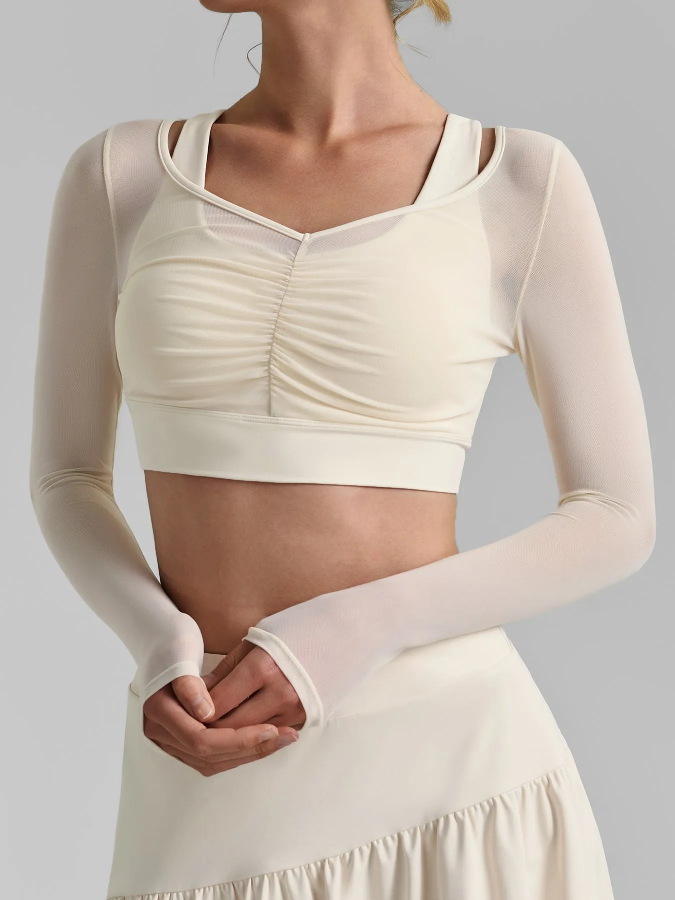 Cream Mesh Ruched Crop Long Sleeve Top sold by BERLOOK product image thumbnail 3