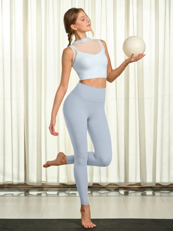 Light Blue Mesh Panel Mock Neck Tank Top sold by BERLOOK