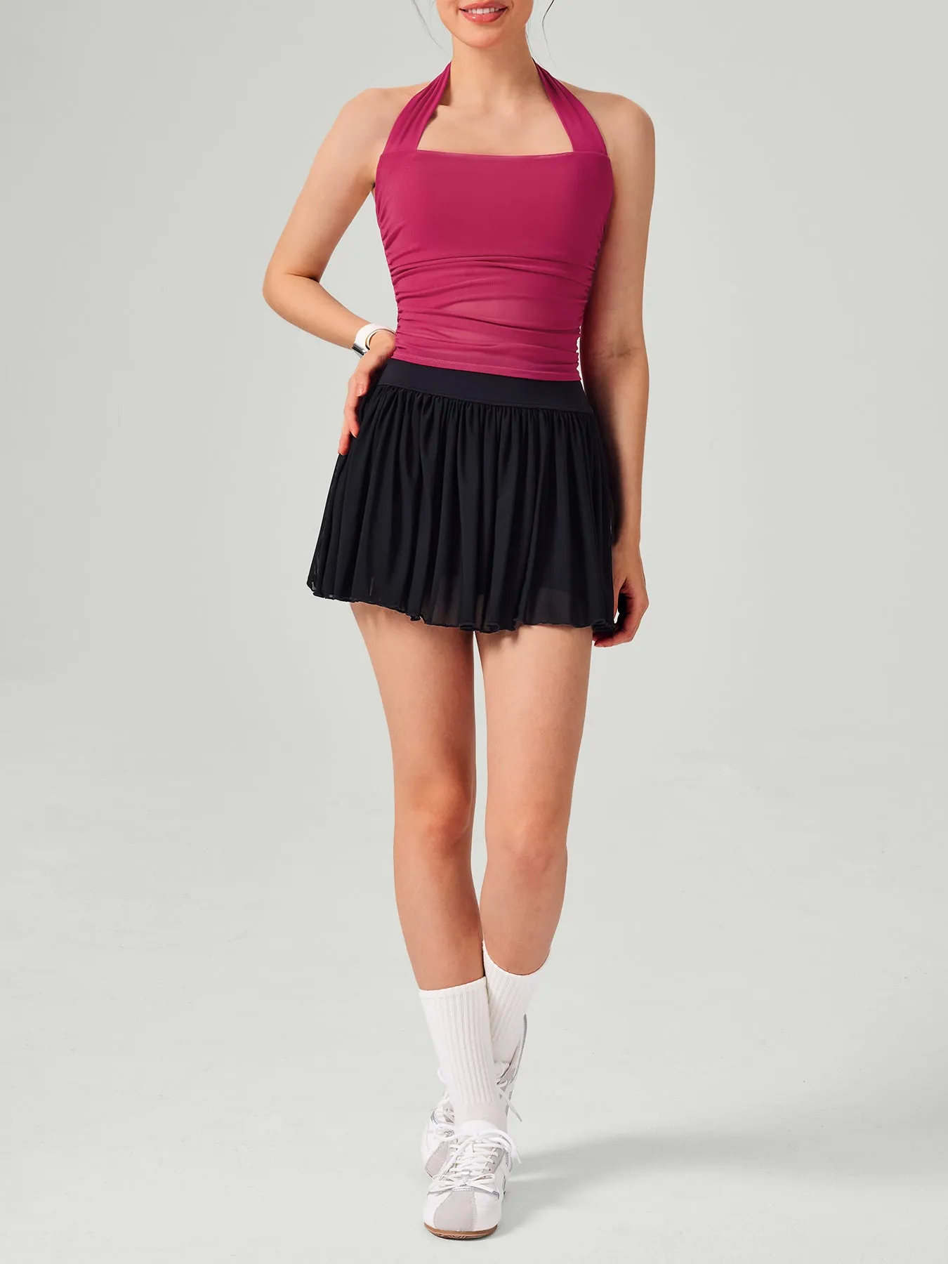 Red Halter Neck Ruched Mesh Crop Top sold by BERLOOK product image thumbnail 3