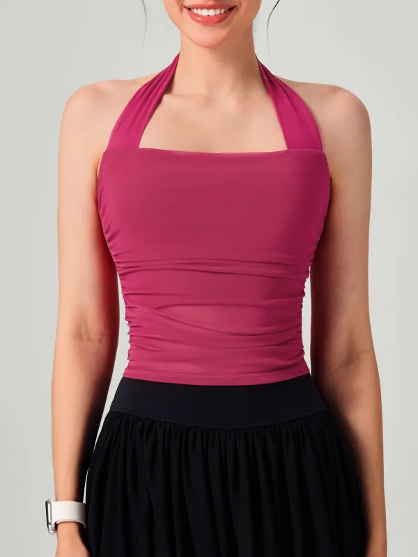 Red Halter Neck Ruched Mesh Crop Top sold by BERLOOK