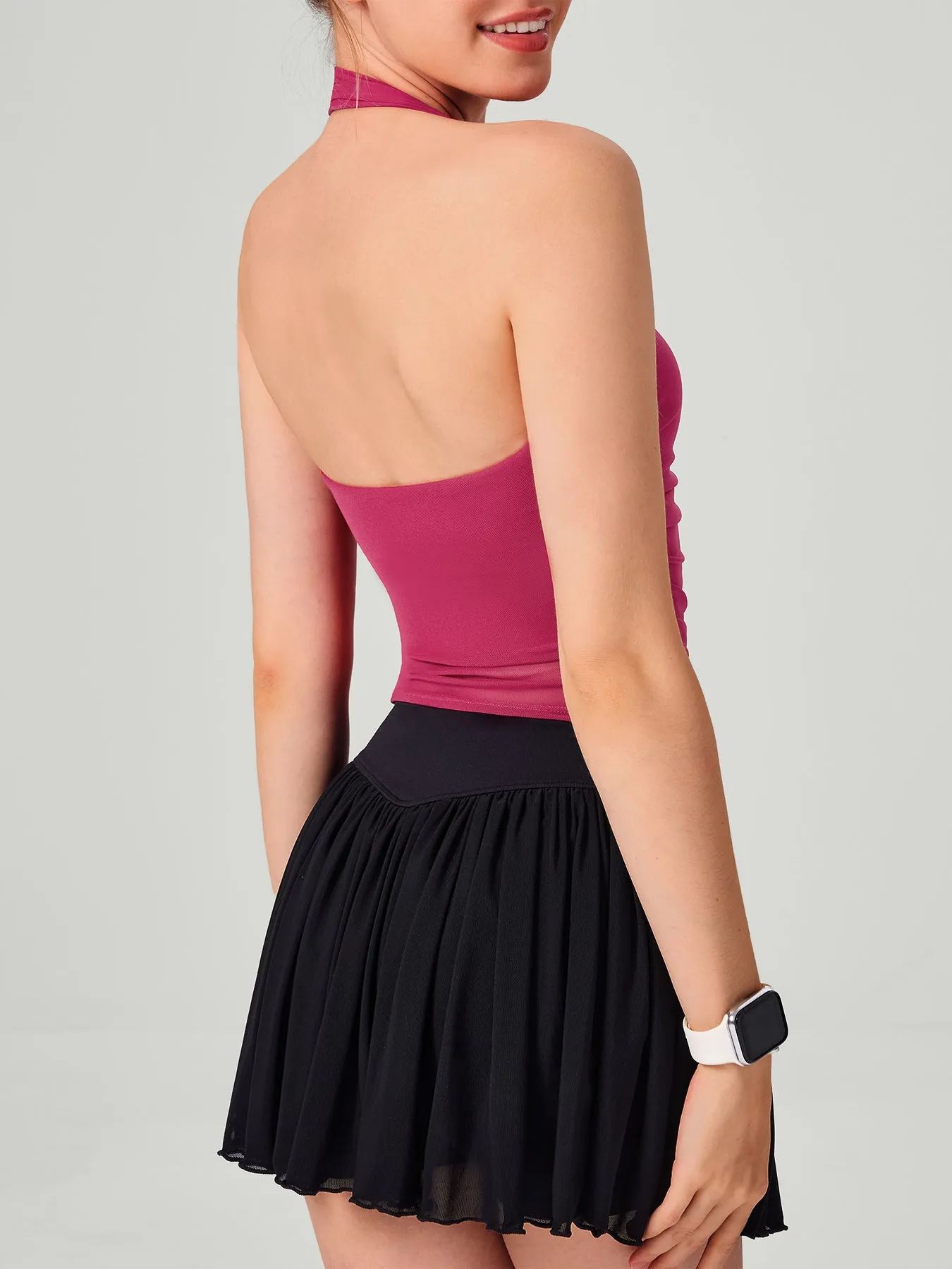 Red Halter Neck Ruched Mesh Crop Top sold by BERLOOK product image thumbnail 2