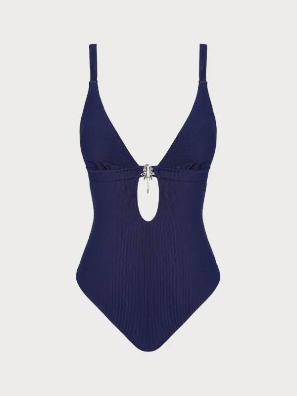 Navy Textured Halter One-Piece Swimsuit sold by BERLOOK