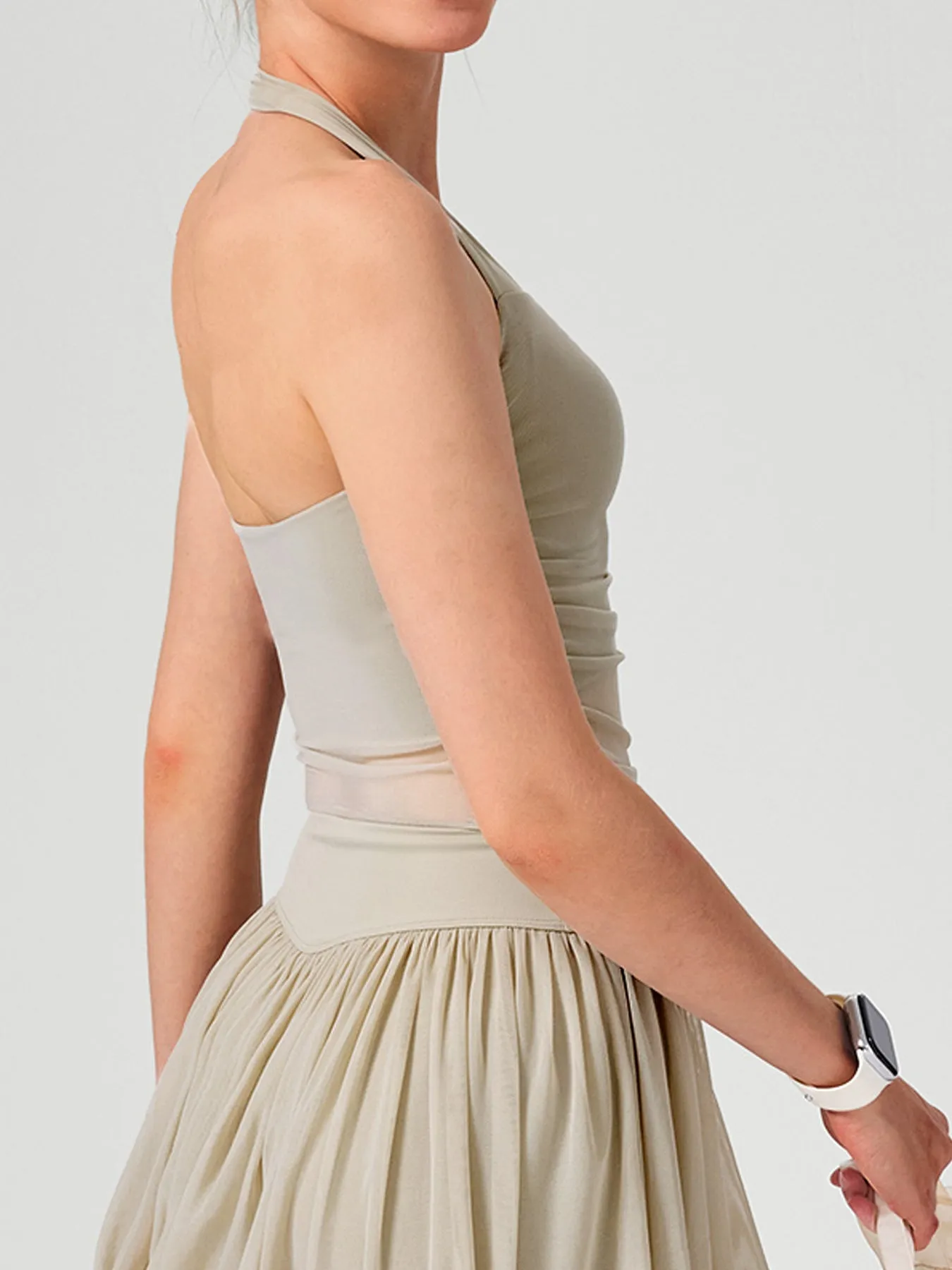 Apricot Halter Neck Ruched Mesh Crop Top sold by BERLOOK product image thumbnail 4