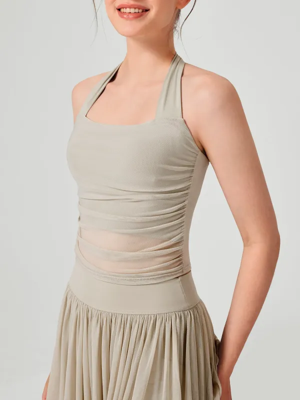 Apricot Halter Neck Ruched Mesh Crop Top sold by BERLOOK