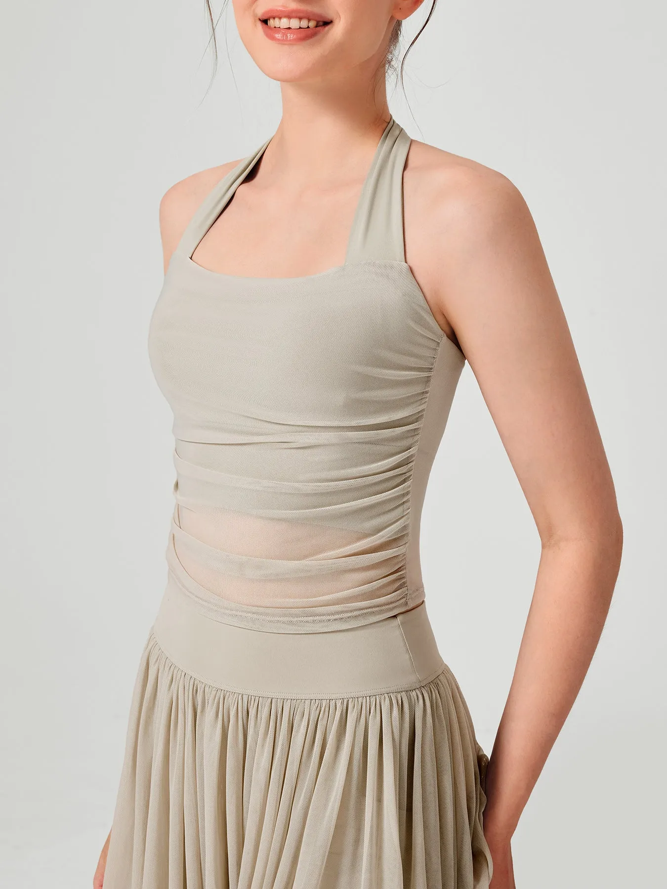Apricot Halter Neck Ruched Mesh Crop Top sold by BERLOOK