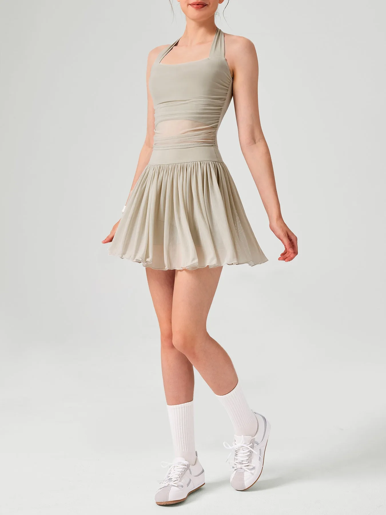 Apricot Halter Neck Ruched Mesh Crop Top sold by BERLOOK product image thumbnail 3