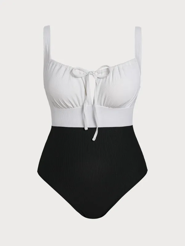 Black Contrast Strap Tie Plus Size One-Piece Swimsuit sold by BERLOOK