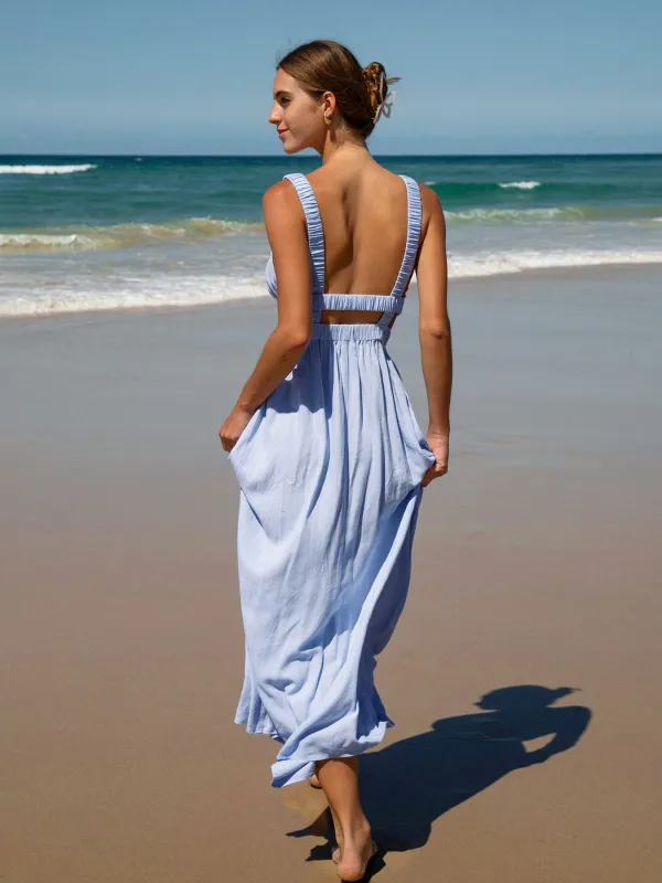 Pale Blue Smocked Strap Cutout Waist Beach Dress made by BERLOOK