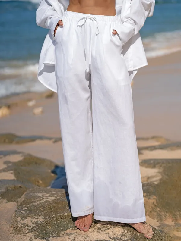 White Cotton-Linen Wide-Leg Cover-Up Pants made by BERLOOK
