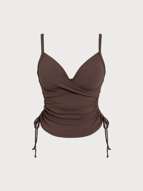 Coffee Ribbed Ruched Tie Side Plus Size Tankini Top made by BERLOOK