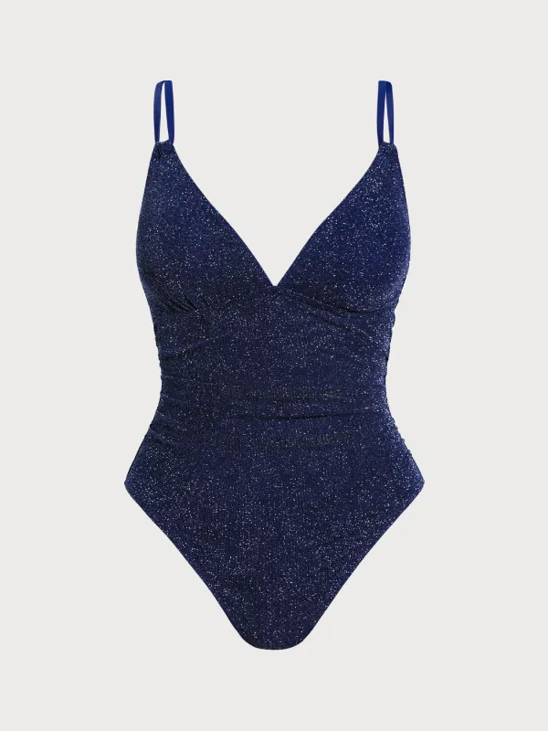 Blue Lurex Ruched Tummy Control Plus Size One Piece made by BERLOOK