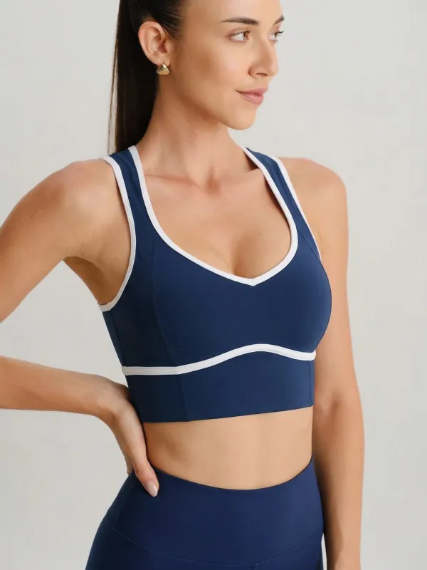 Navy Contrast Trim Open Back Sports Bra made by BERLOOK