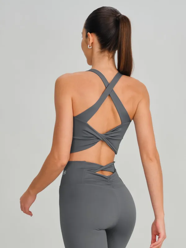 Grey Twist X-Cross Sports Bra - Light Support made by BERLOOK