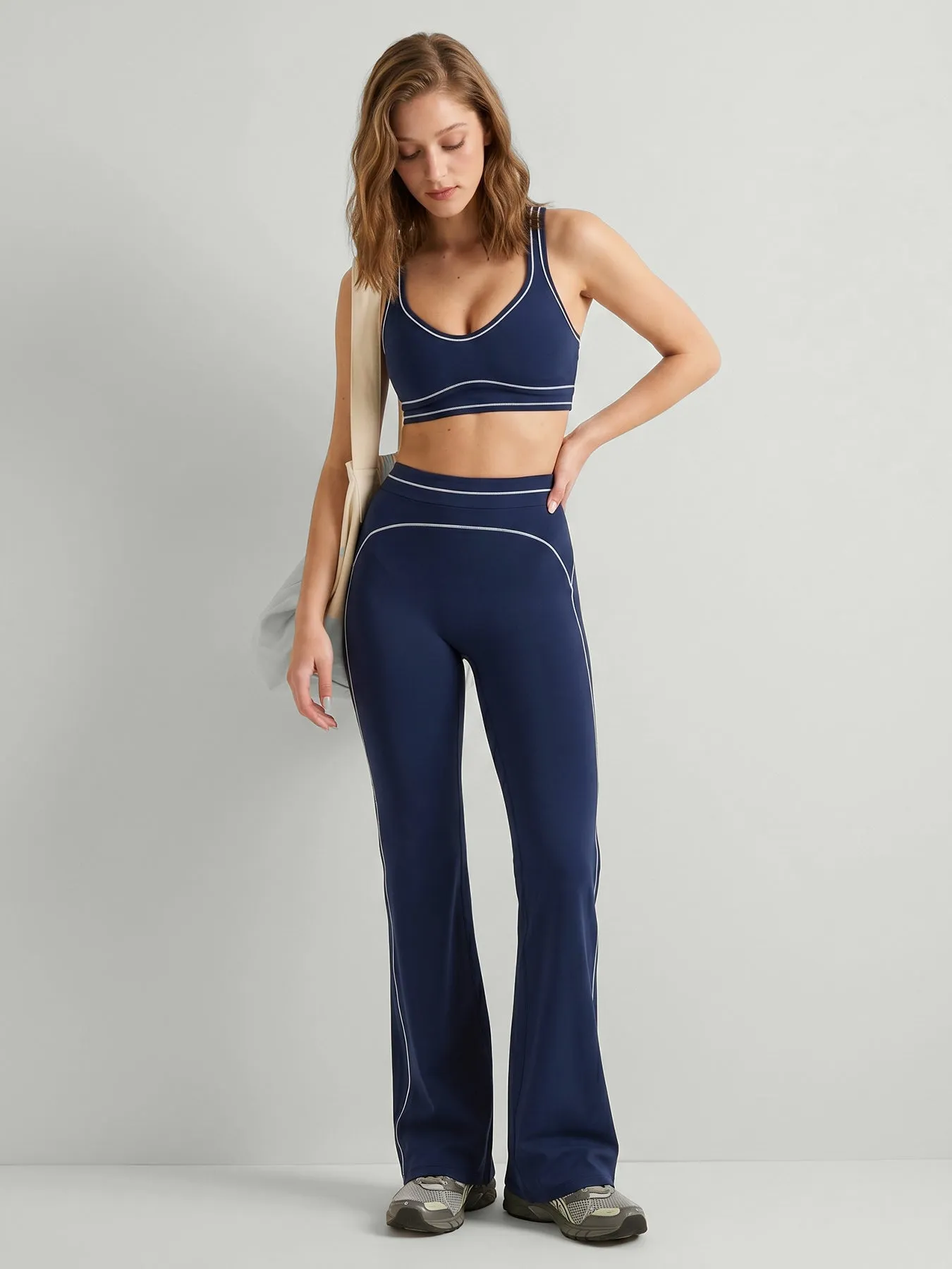 Navy Contrast Stitch High-Waisted Workout Pants sold by BERLOOK product image thumbnail 5