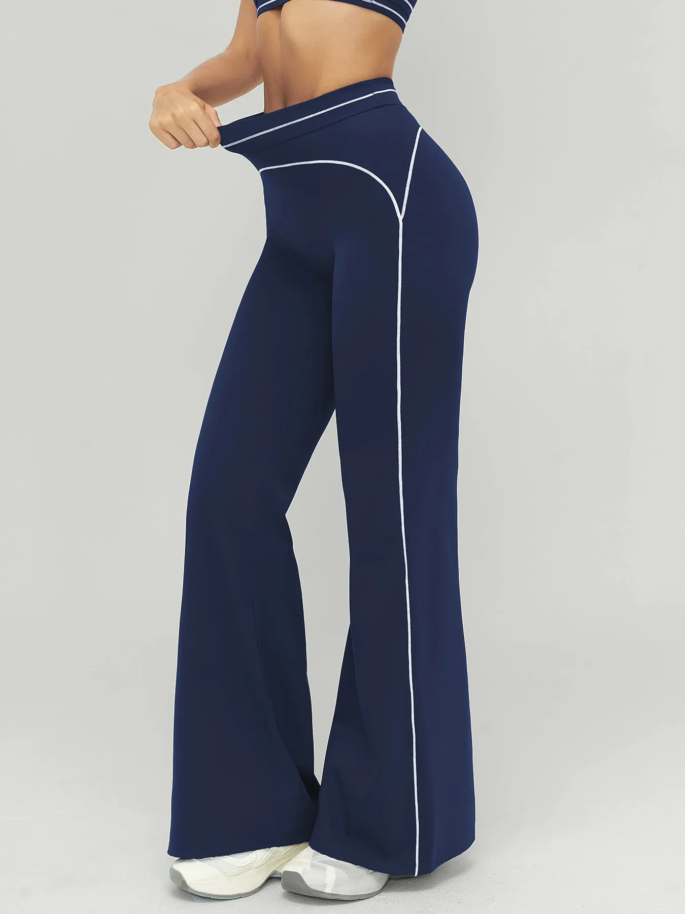 Navy Contrast Stitch High-Waisted Workout Pants sold by BERLOOK product image thumbnail 4