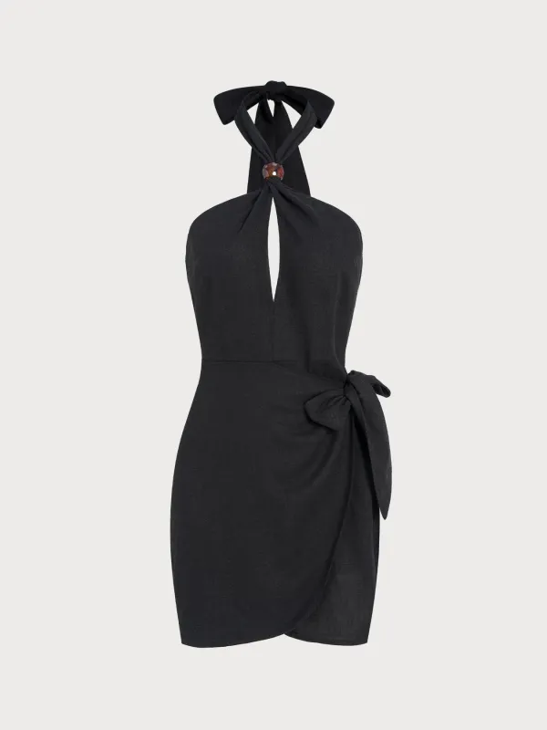 Black Halter Tortoise Accent Cutout Wrap Dress made by BERLOOK