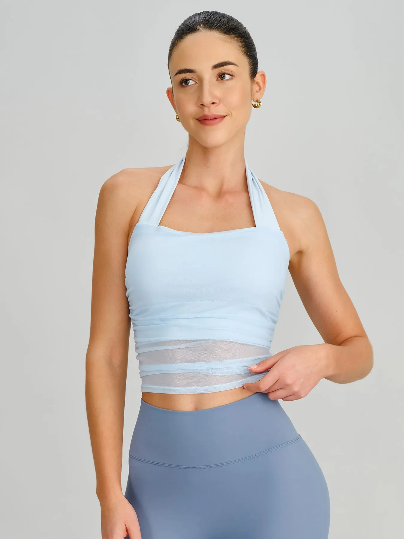 Light Blue Halter Neck Ruched Mesh Sports Bra sold by BERLOOK product image thumbnail 3