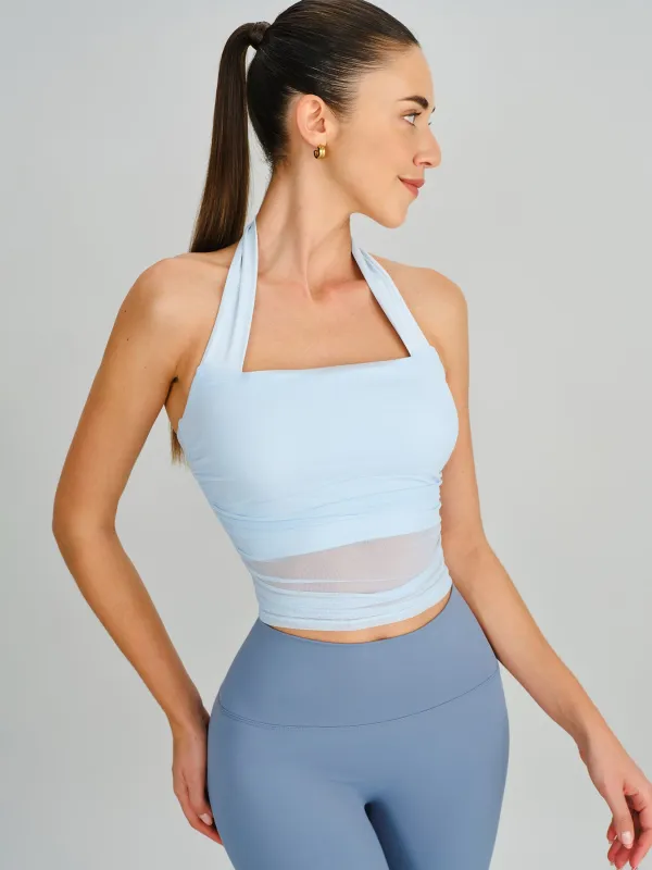 Light Blue Halter Neck Ruched Mesh Sports Bra made by BERLOOK
