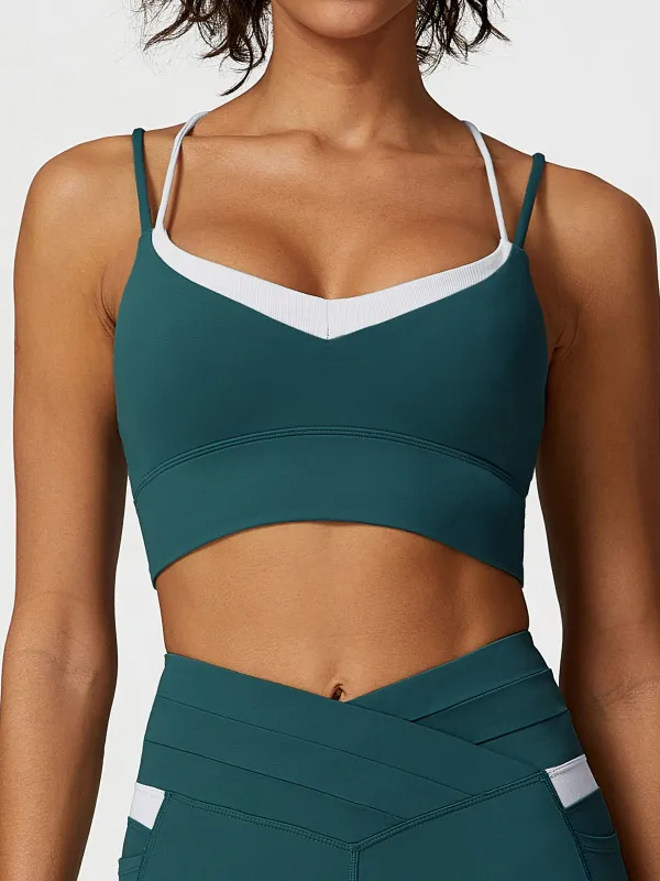 Blue Spruce Contrast V Neck Sports Bra- Light Support made by BERLOOK