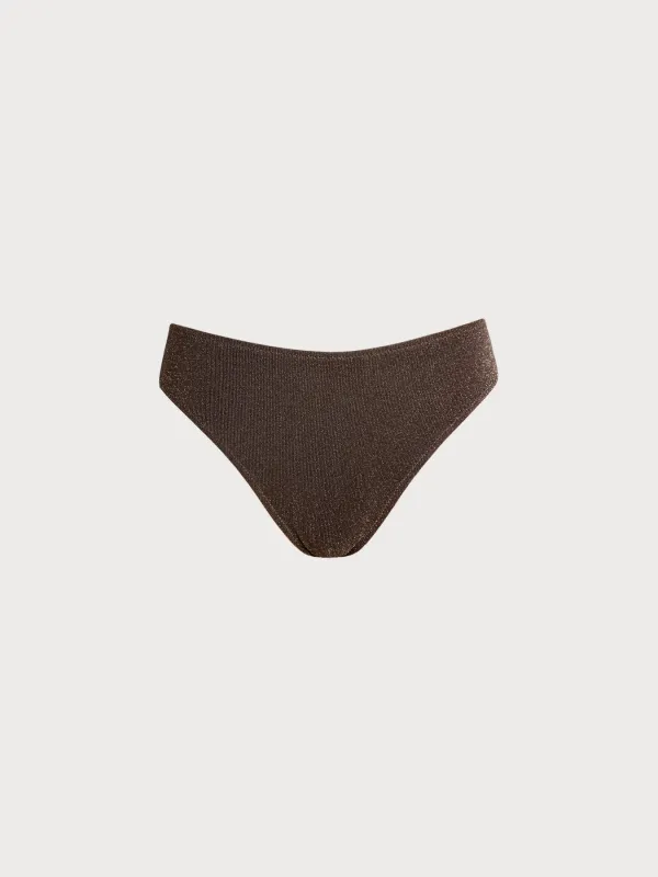 Dark Coffee Lurex Mid-High Waist Bikini Bottom made by BERLOOK