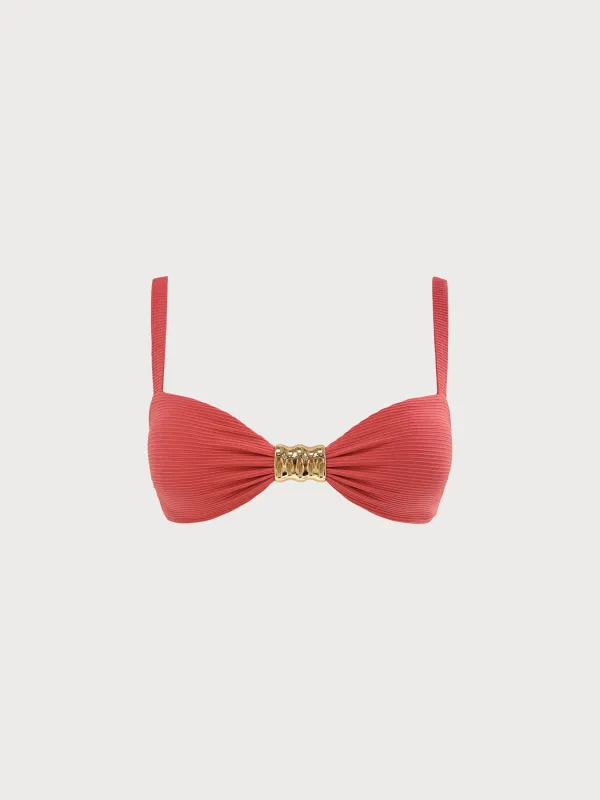 Red Ribbed Gold-Accented Bikini Top made by BERLOOK