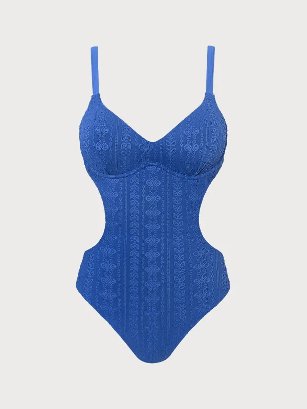 Blue Textured Open Back One Piece Swimsuit made by BERLOOK