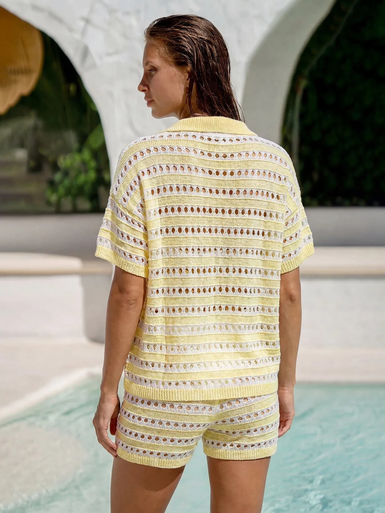 Yellow Hollow Striped Crochet Cover-Up Shorts sold by BERLOOK product image thumbnail 2