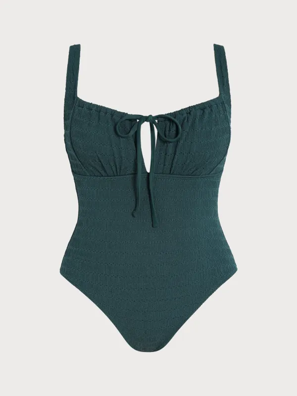 Dark Green Textured Tie-Front Plus Size One-Piece Swimsuit made by BERLOOK