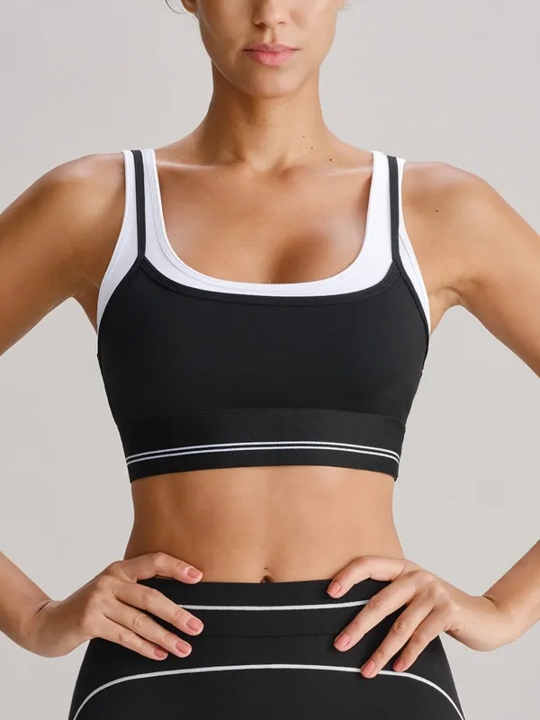 Black Double Strap Contrast Trim Sports Bra - Light Support made by BERLOOK