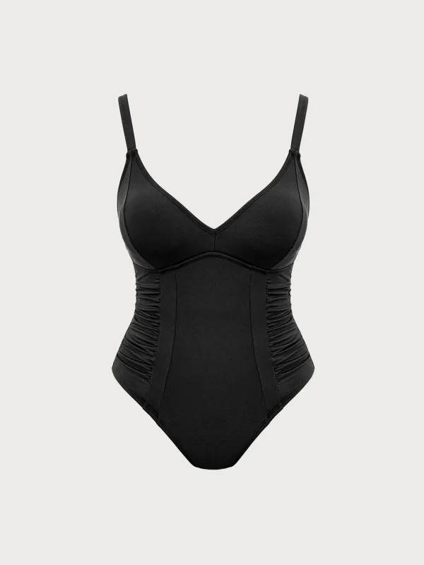 Black Ruched Tummy Control Plus Size One Piece Swimsuit made by BERLOOK