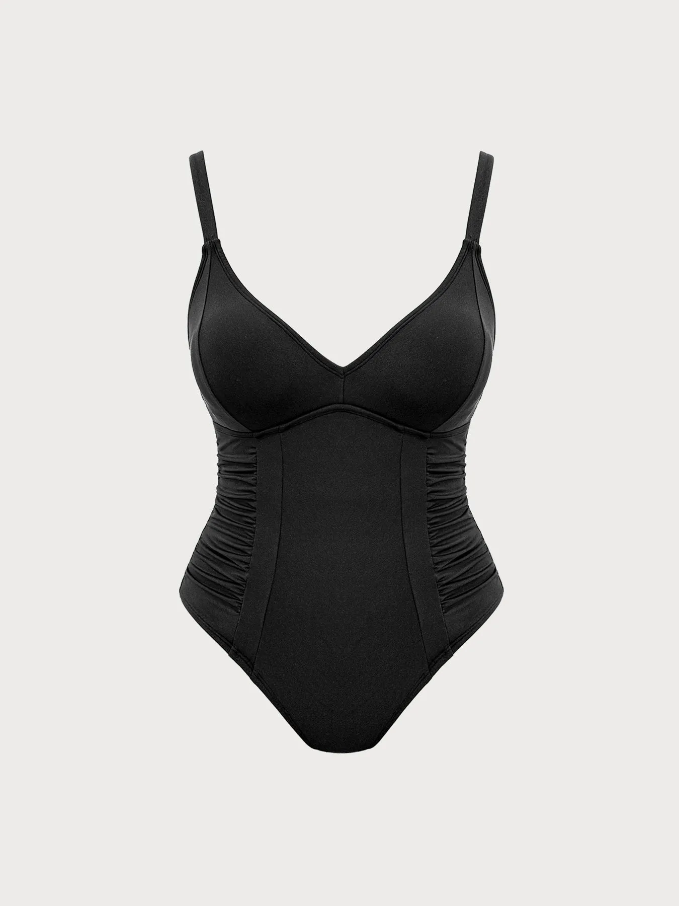Black Ruched Tummy Control Plus Size One Piece Swimsuit sold by BERLOOK