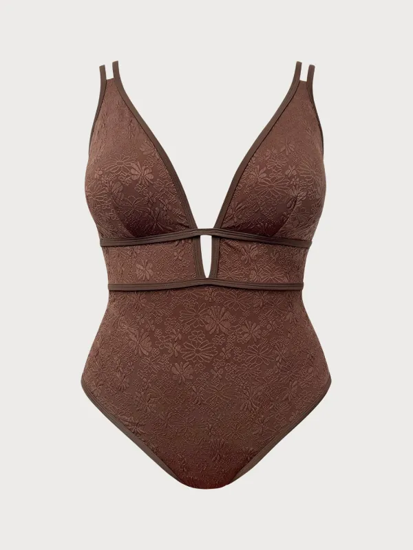 Dark Coffee Textured Strappy Plus Size One-Piece Swimsuit made by BERLOOK