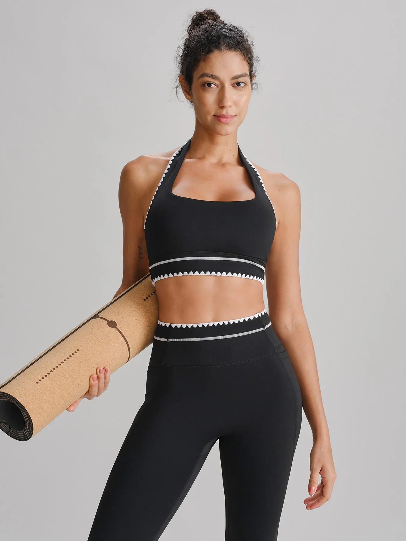Black Contrast Trim Halter Sports Bra sold by BERLOOK