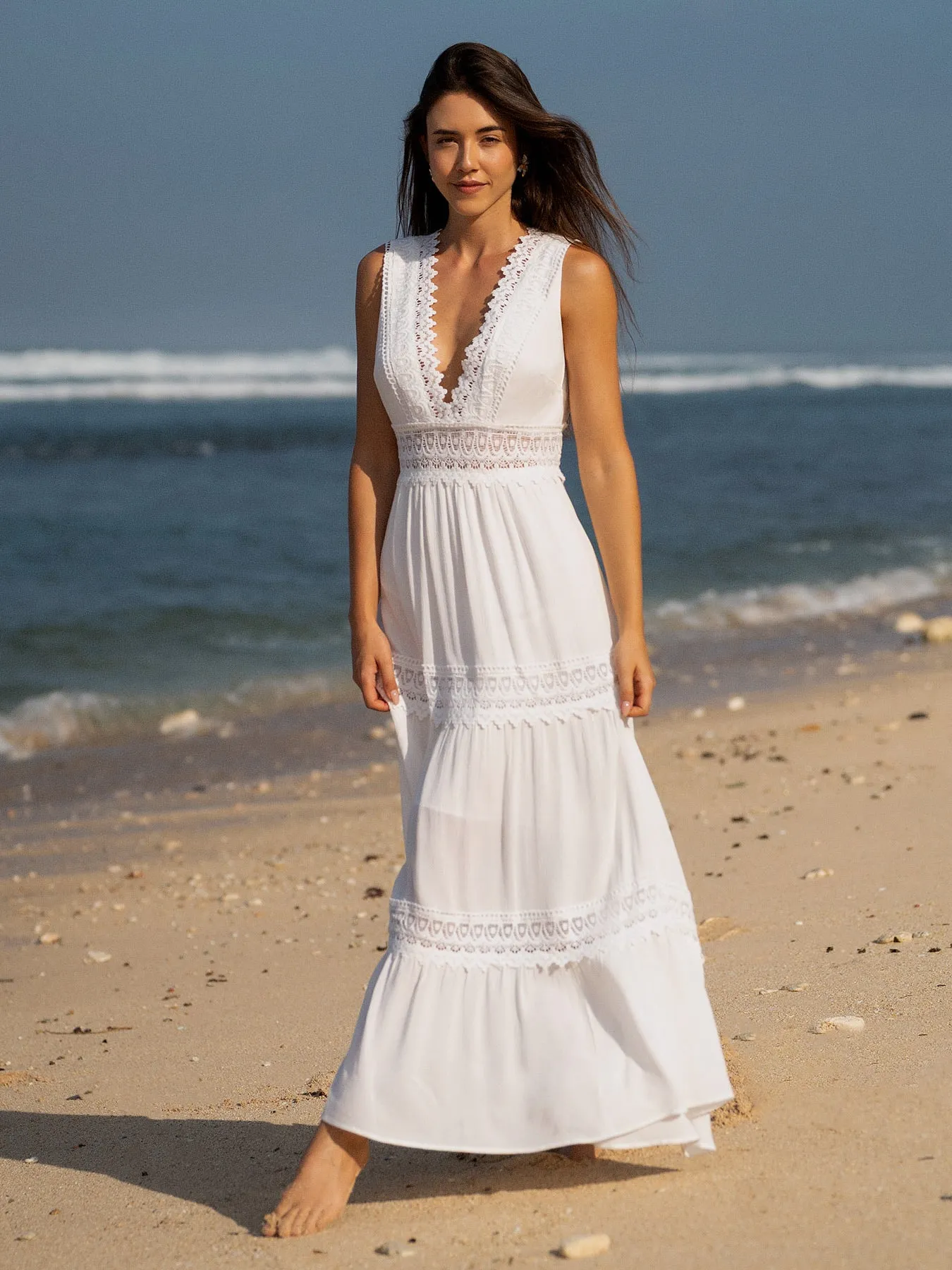 White Lace Plunging V Neck Beach Dress sold by BERLOOK product image thumbnail 4