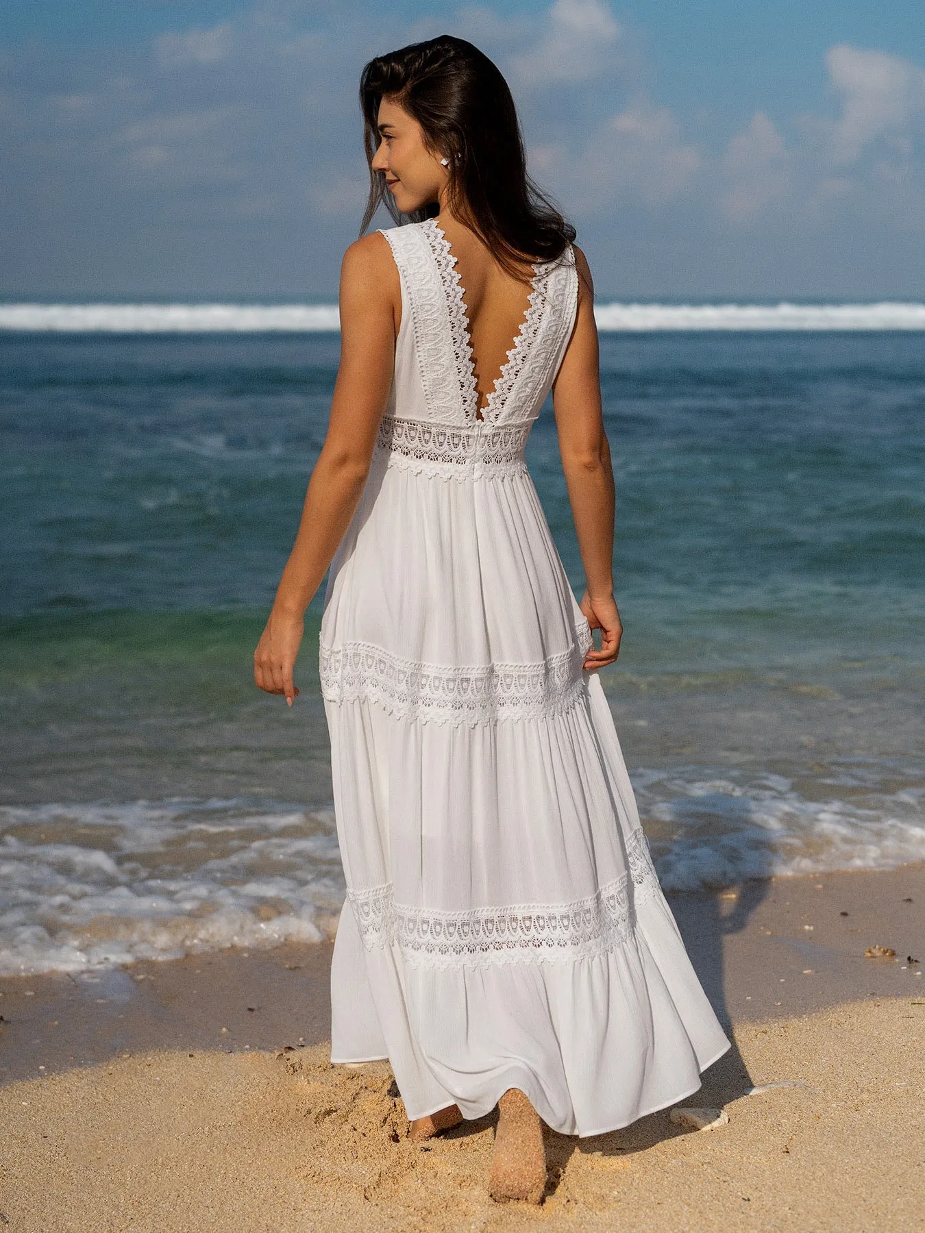 White Lace Plunging V Neck Beach Dress sold by BERLOOK product image thumbnail 2