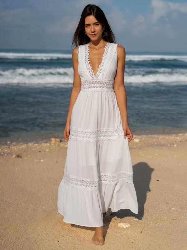 White Lace Plunging V Neck Beach Dress made by BERLOOK