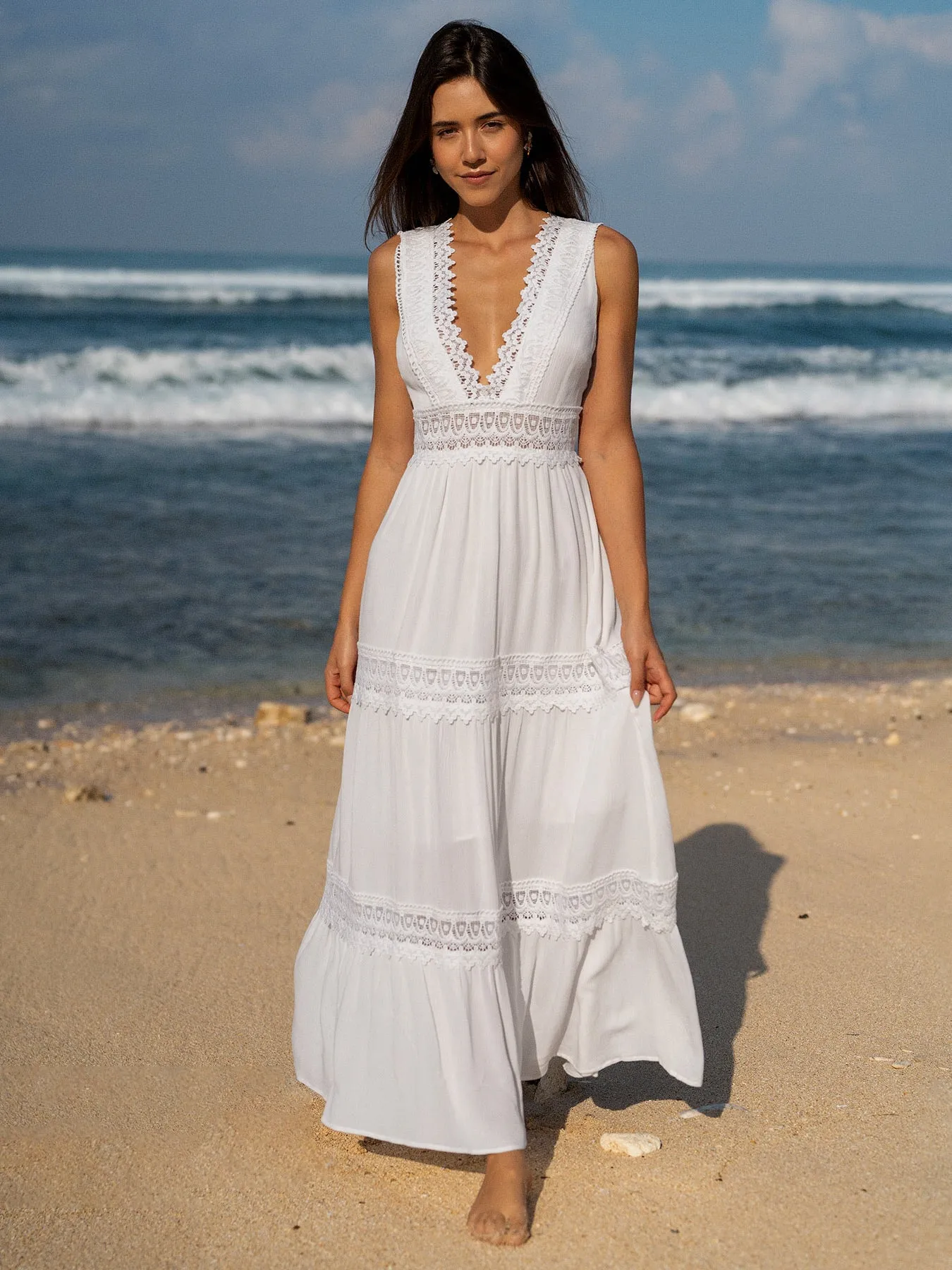 White Lace Plunging V Neck Beach Dress sold by BERLOOK
